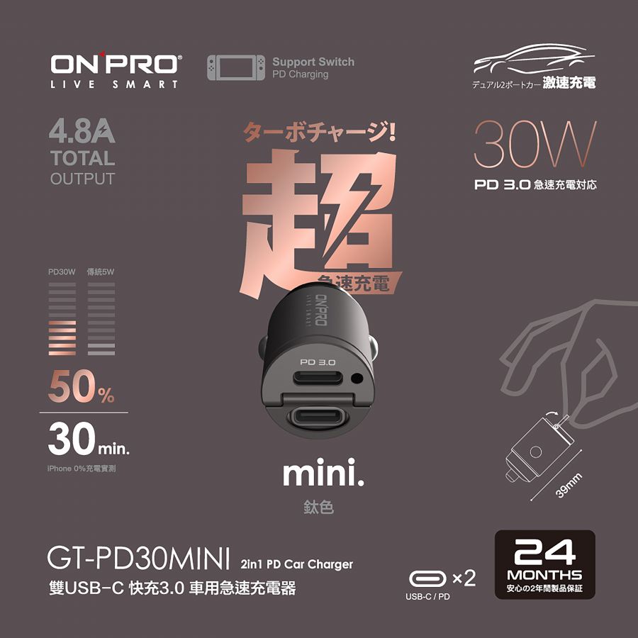 GT-PD30MINI-TT-ONPRO 超迷你PD30W 4.8A車充-鈦 (1)
