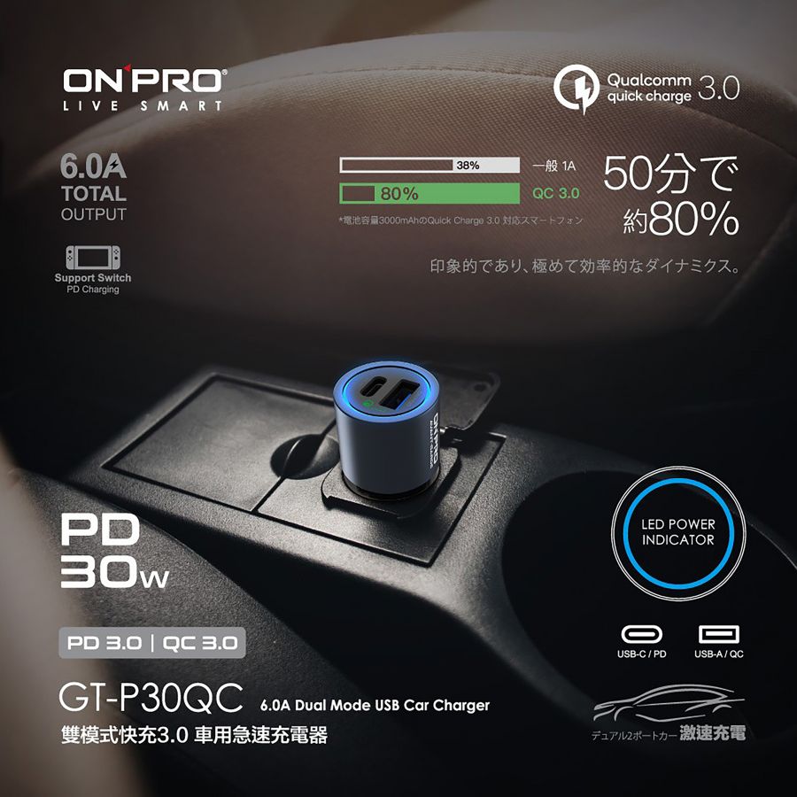 GT-P30QC-GR ONPRO GT-P30QC-PD30W激速車充 (2) GT-P30QC-GR ONPRO GT-P30QC-PD30W激速車充 (2)